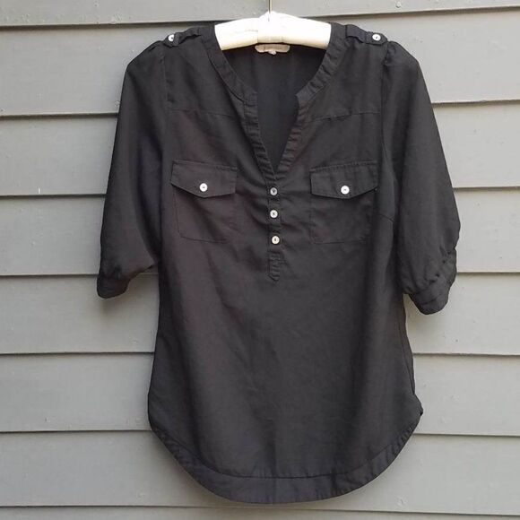 Hawthorne Black Sheer Rushed Short Sleeves Blouse Size Medium - Picture 1 of 10